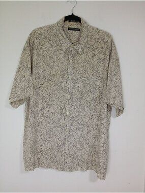Geoffrey Beene Mens Beige Black Floral Short Sleeve Button-Up Silk Shirt Size XL